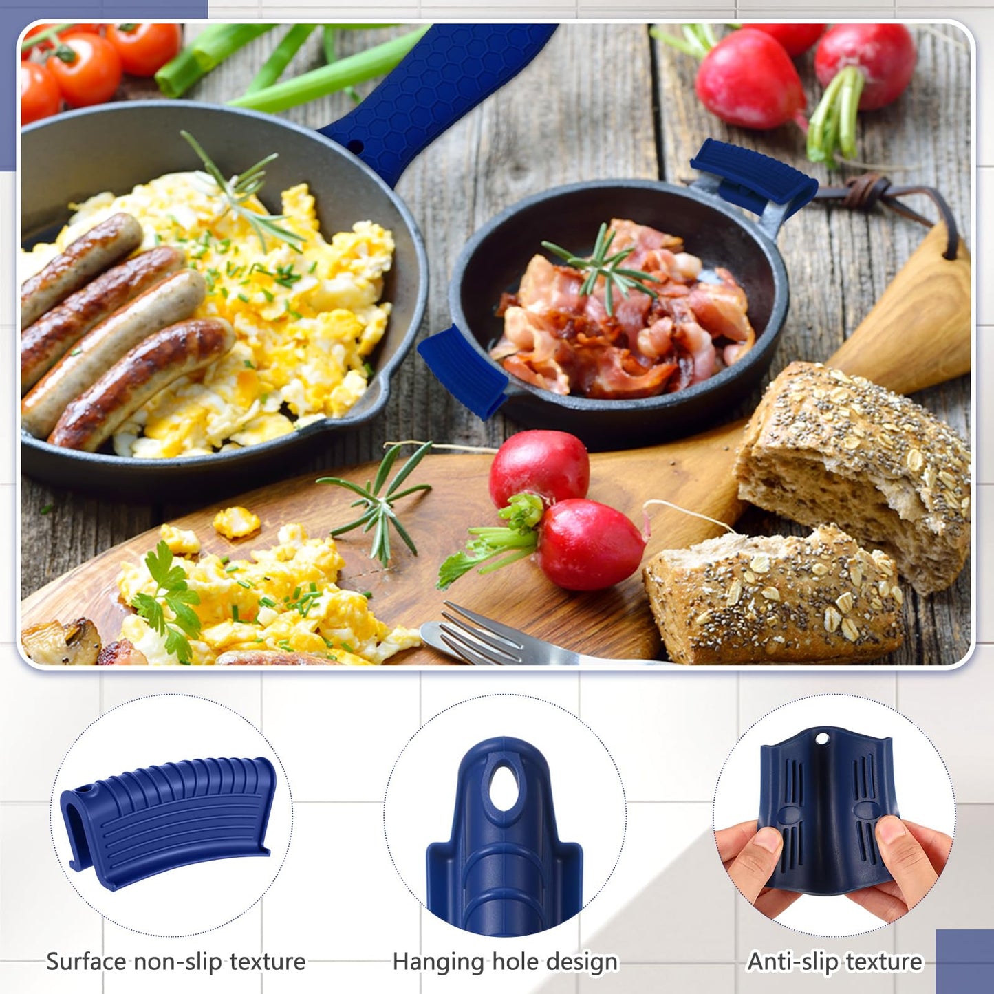 Patelai 8 Pcs Silicone Pot Holders Set Cast Iron Handle Cover Heat Resistant Pot Handle Covers Potholder Non Slip Reusable Pan Sleeve for Frying Pan Kitchen Supplies(Black)