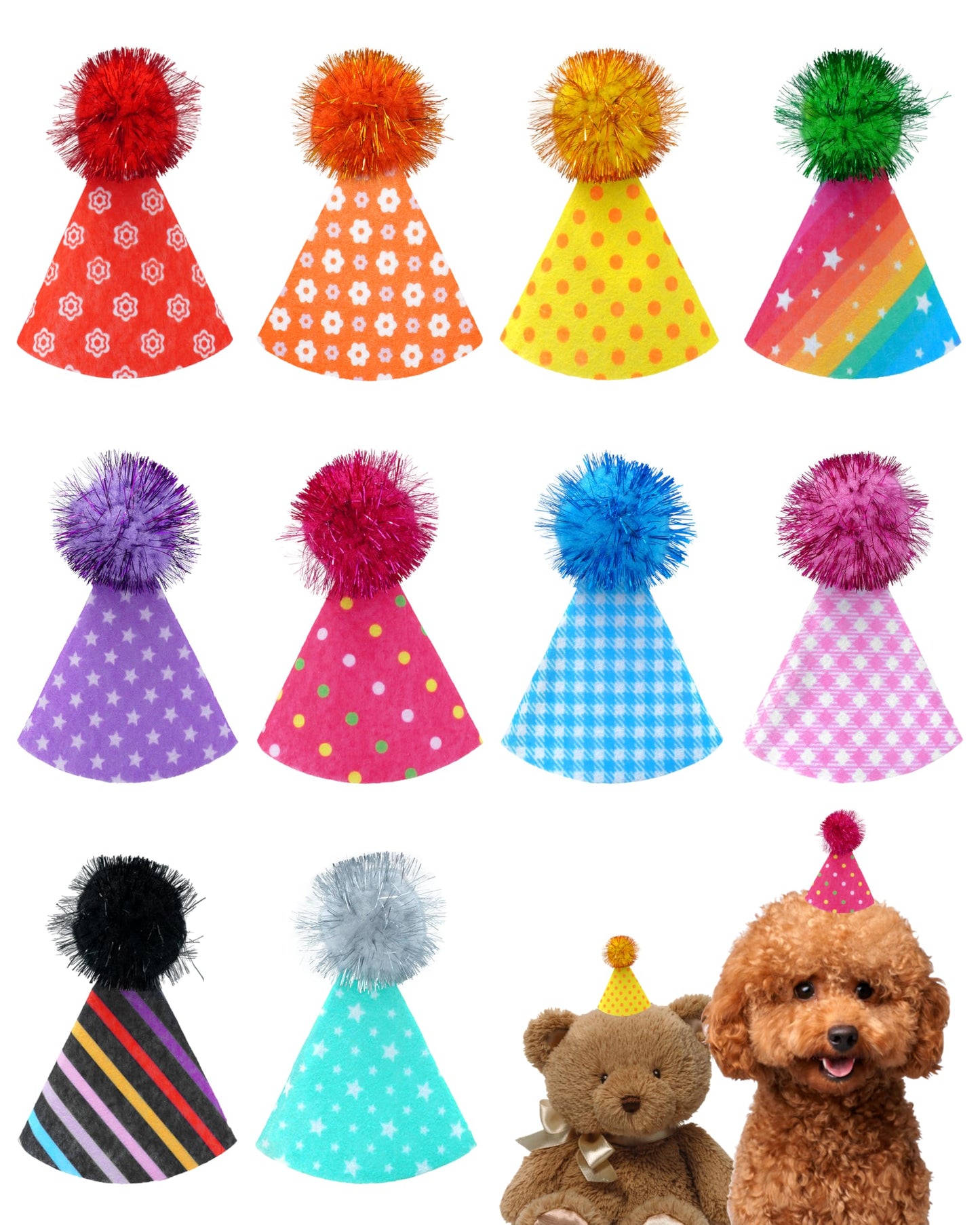 PET SHOW 10 Pack Mini Party Hats for Small Dog Birthday Stuffed Animals Dolls Puppy Cats Adjustable Headband Colorful Holiday Felt Hats Kitten Pet Grooming Costume Accessories