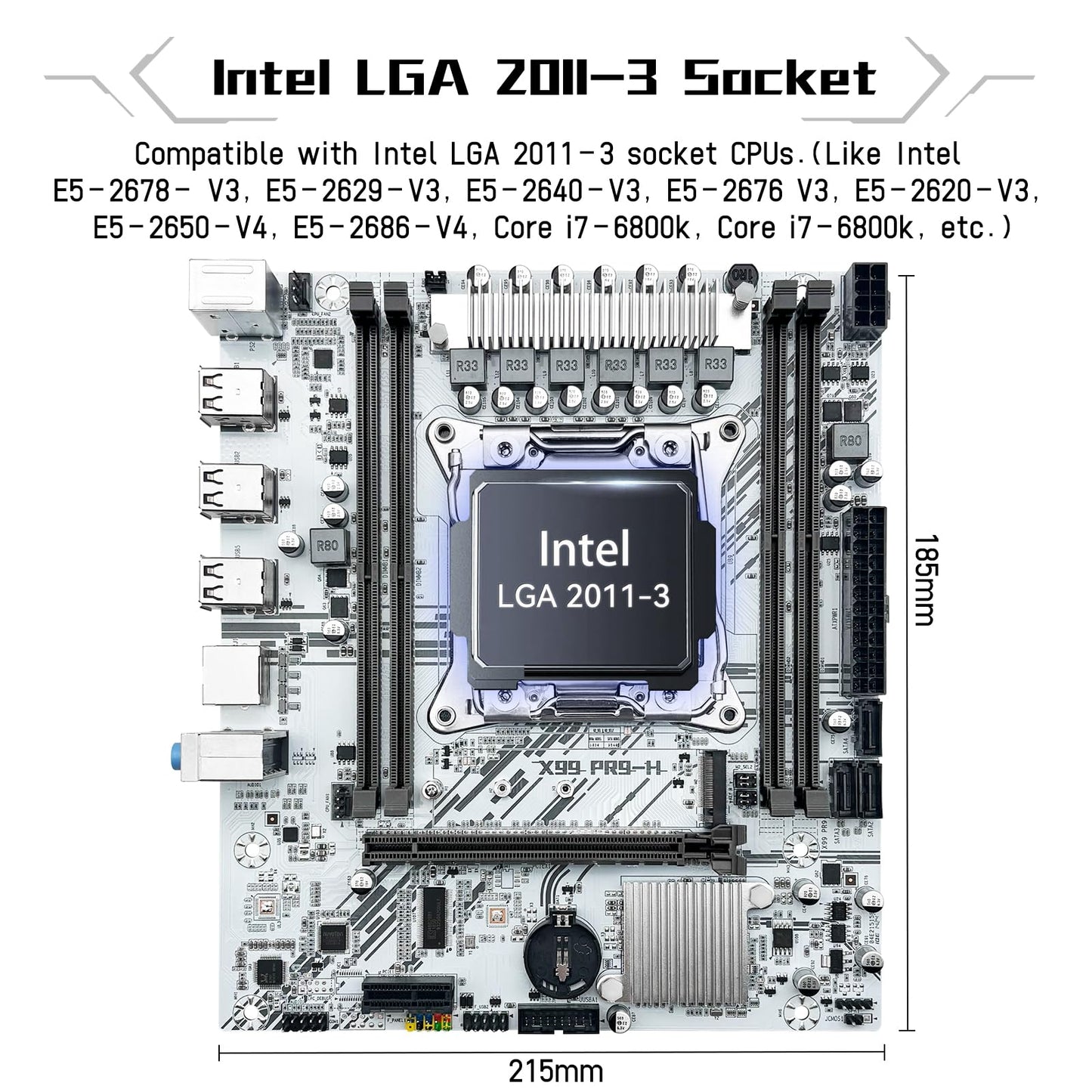 SHANGZHAOYUAN X99 LGA 2011-3 Motherboard for Intel Xeon E5 V3/V4 and Core i7 Series Processors (Micro ATX, DDR4 Max 128GB, PCIe 3.0, M.2 Protocol, Gigabit LAN) PC Server Mainboard, X99 PR9-H White