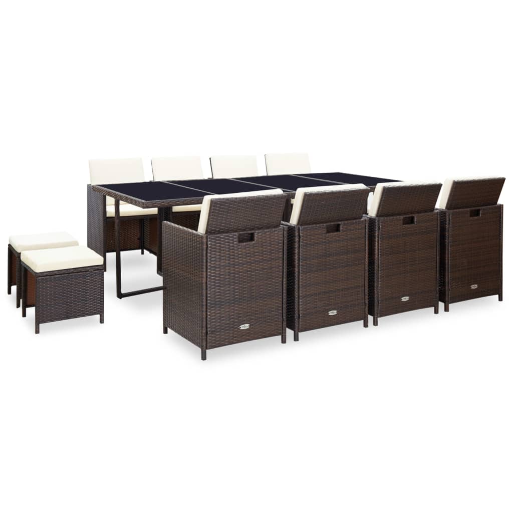 13-tlg. Garten-Essgruppe mit Auflagen Poly Rattan Braun
