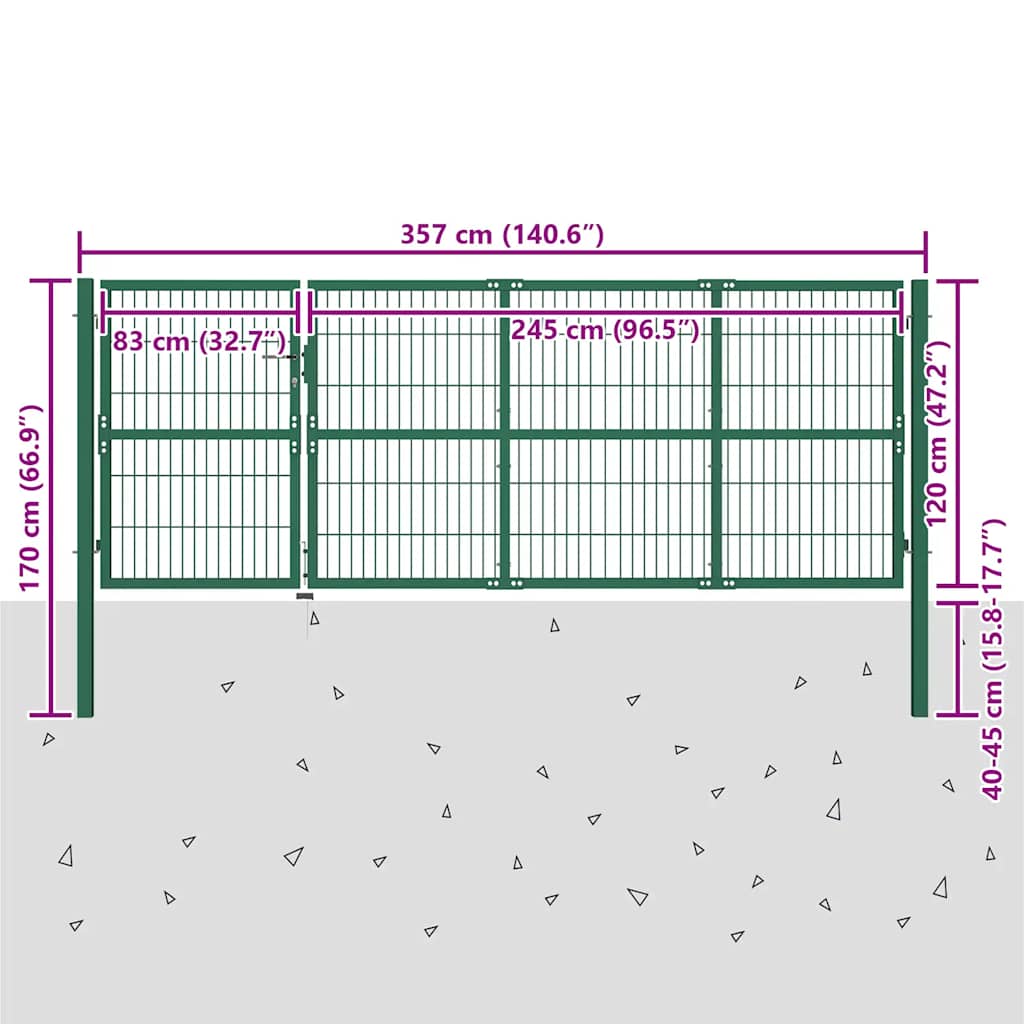 Gartentor mit Pfosten 350x120 cm Stahl Grün