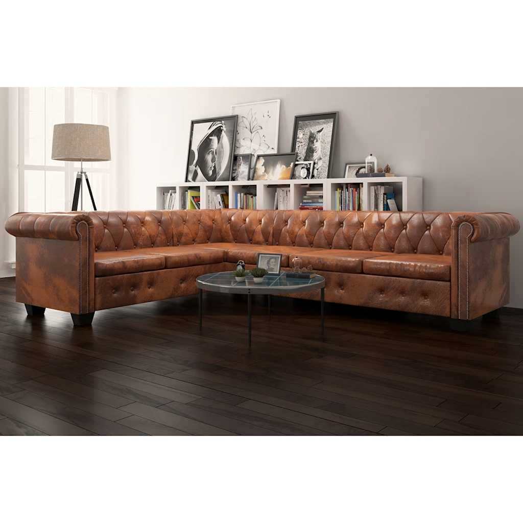 Chesterfield-Ecksofa 6-Sitzer Kunstleder Braun