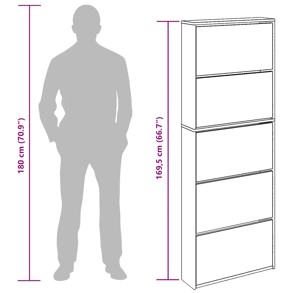 Schuhschrank mit 5 Fächern Spiegel Eiche 63x17x169,5 cm