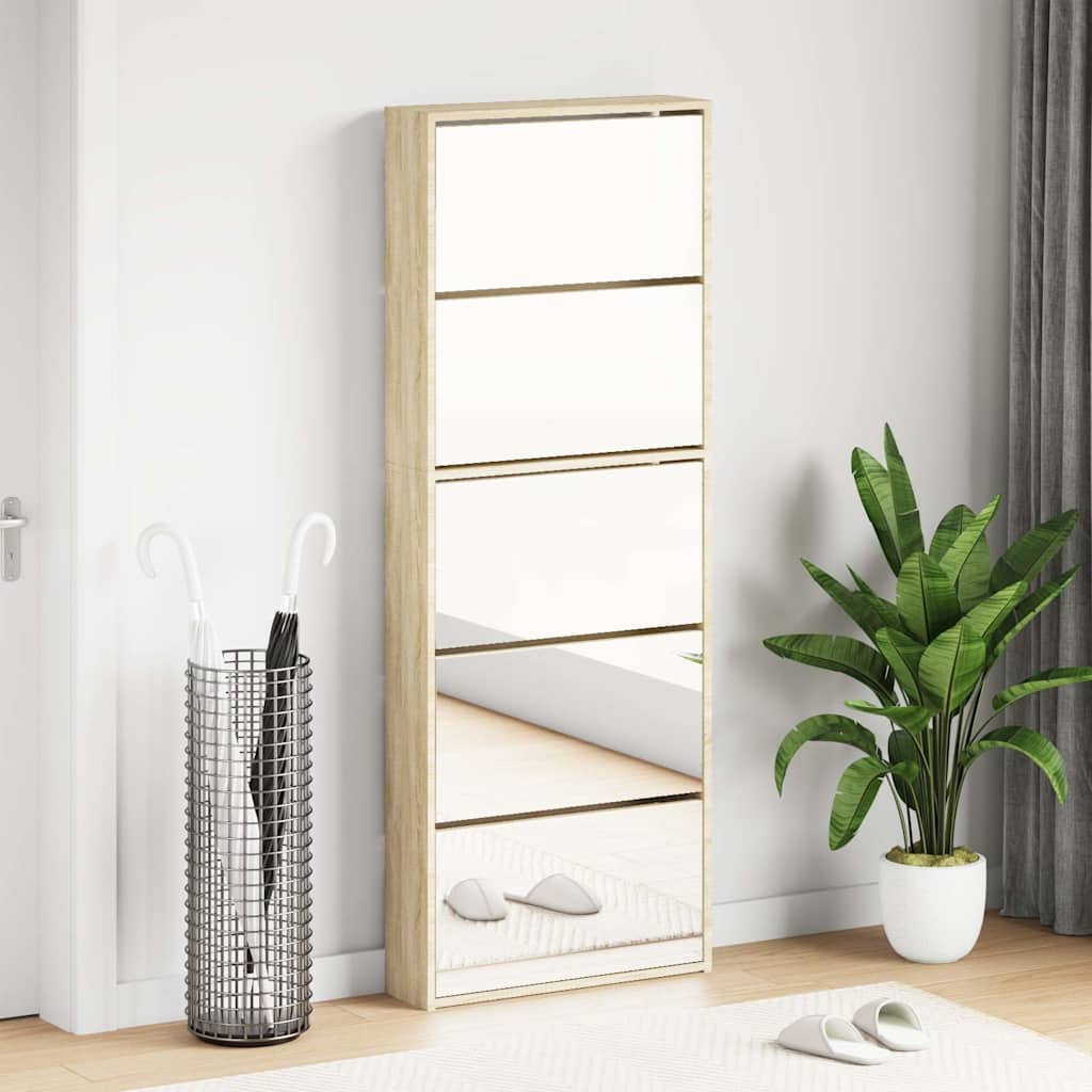 Schuhschrank mit 5 Fächern Spiegel Eiche 63x17x169,5 cm