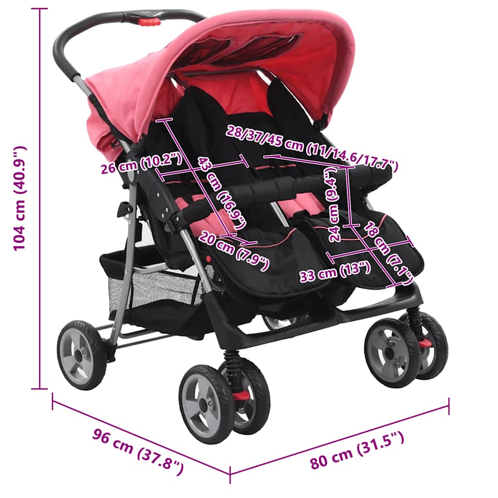 Zwillingskinderwagen Rosa und Schwarz Stahl