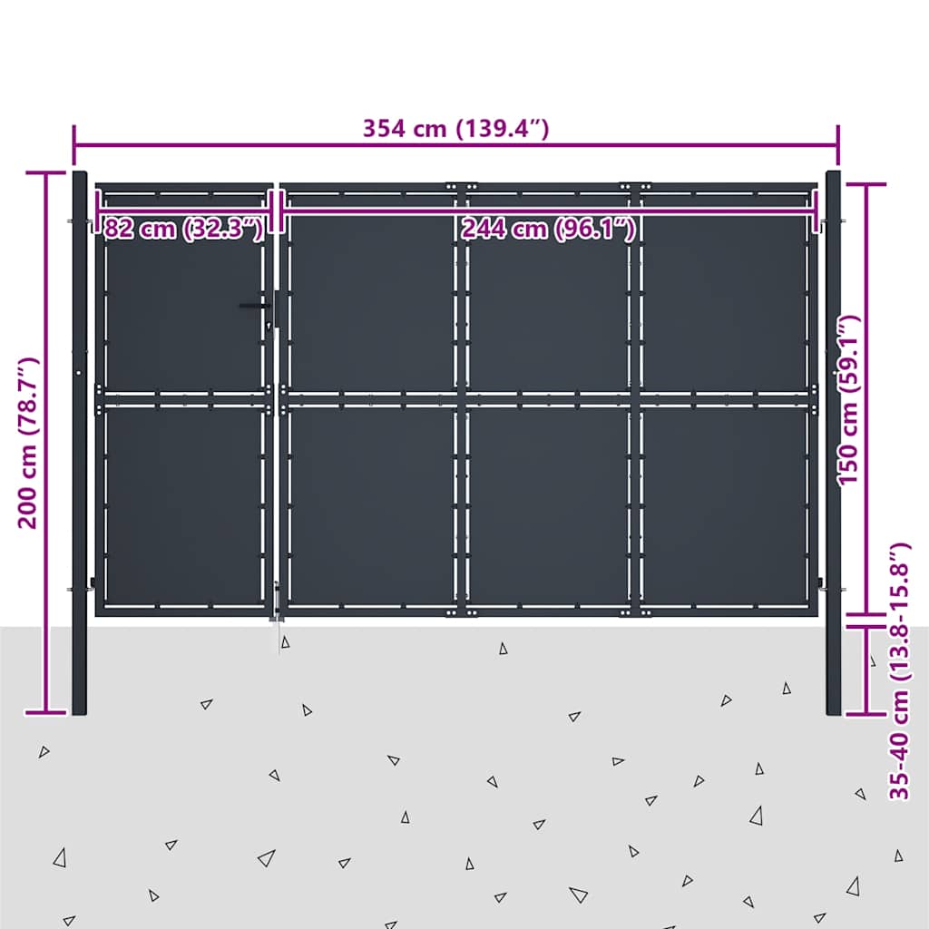 Gartentor aus Stahl 350 x 150 cm Anthrazit