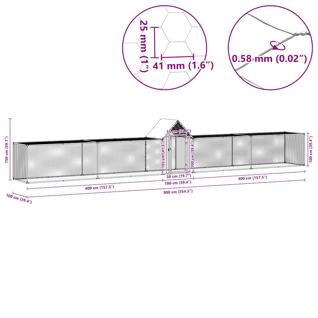 Hühnerstall 9x1x1,5 m Verzinkter Stahl