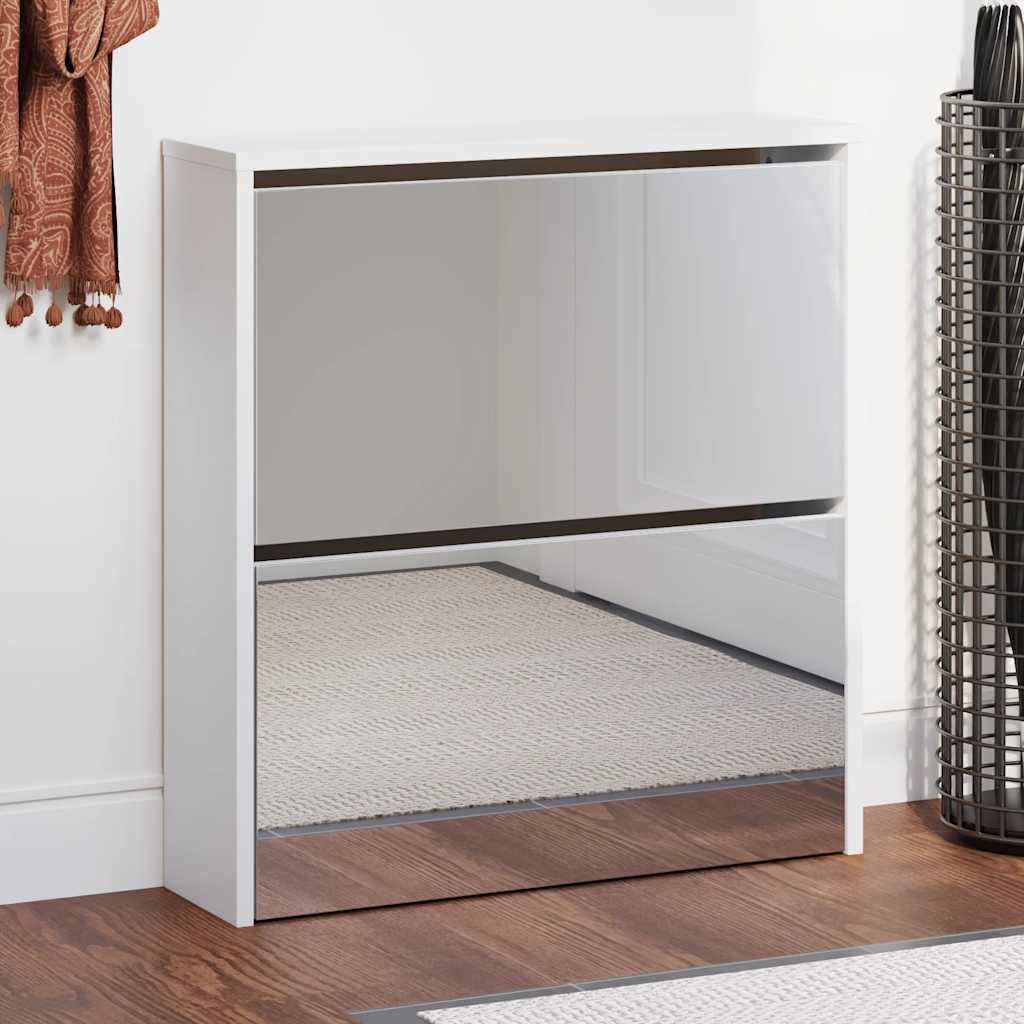 Schuhschrank mit 2 Fächern Spiegel Weiß 63x17x67 cm