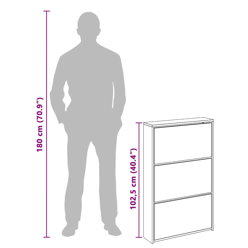 Schuhschrank mit 3 Fächern Spiegel Eiche-Optik 63x17x102,5 cm