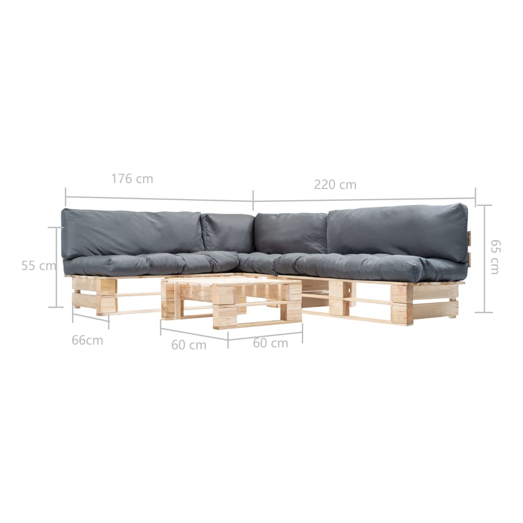 4-tlg. Paletten-Lounge-Set mit Kissen in Grau Holz