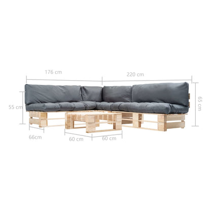 4-tlg. Paletten-Lounge-Set mit Kissen in Grau Holz