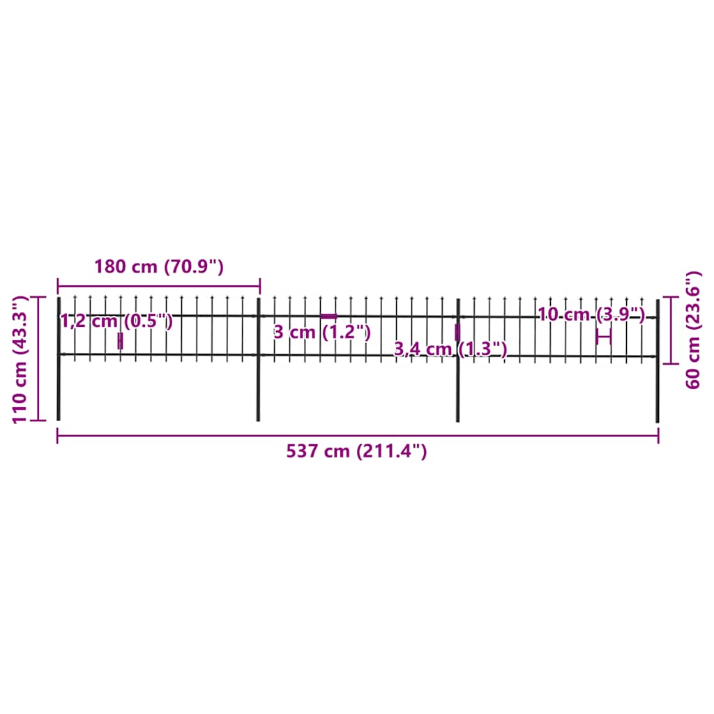 Gartenzaun mit Speerspitze Stahl 537 x 60 cm Schwarz