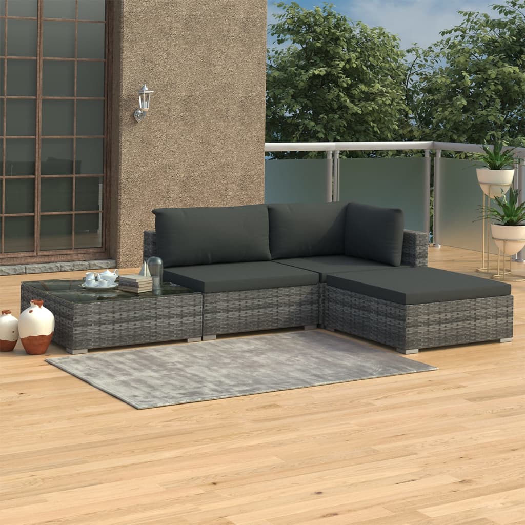 4-tlg. Garten-Lounge-Set mit Auflagen Poly Rattan Grau
