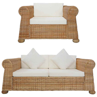 2-tlg. Sofagarnitur mit Kissen Natur Rattan