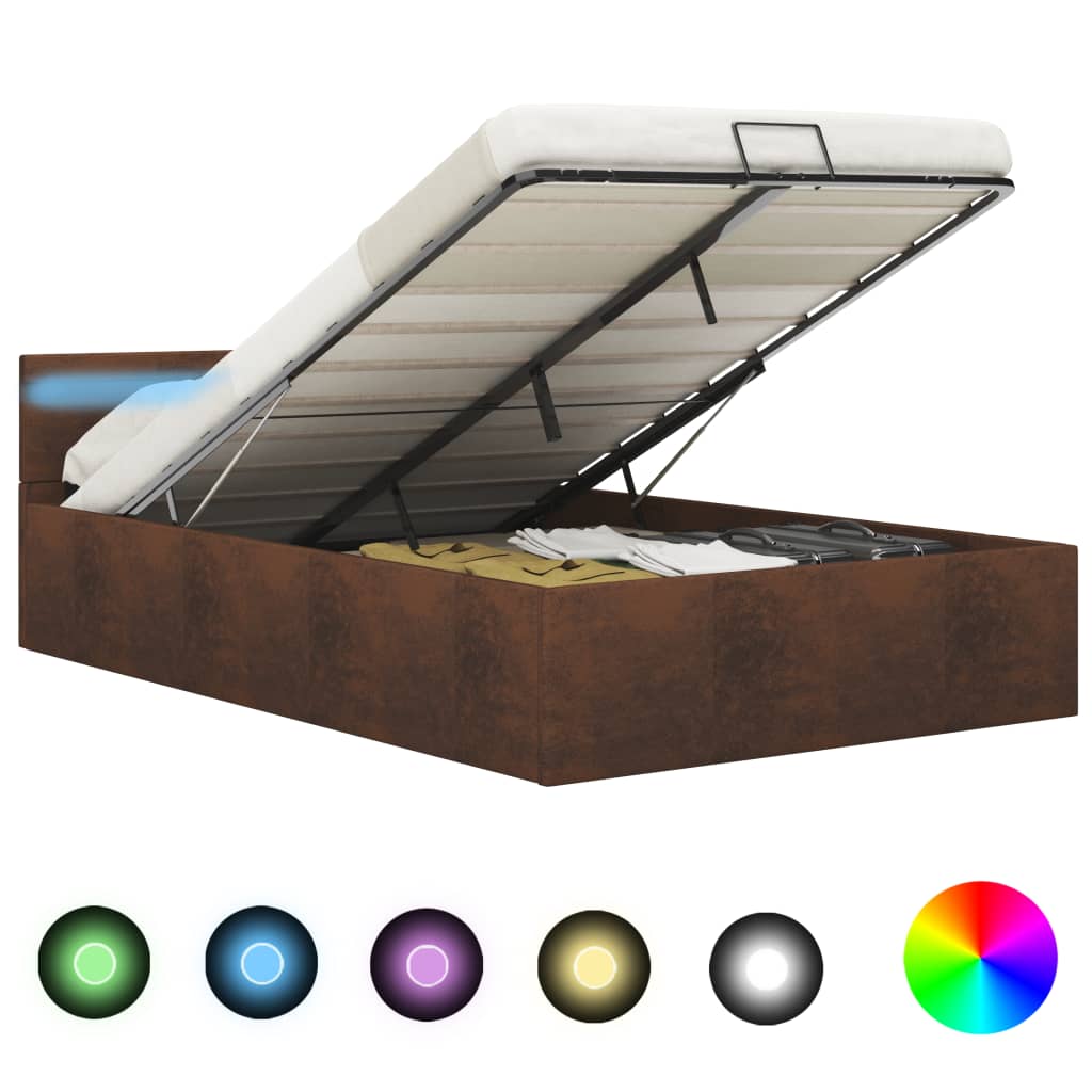 Bett mit Bettkasten Hydraulisch mit LED Braun Stoff 120x200 cm