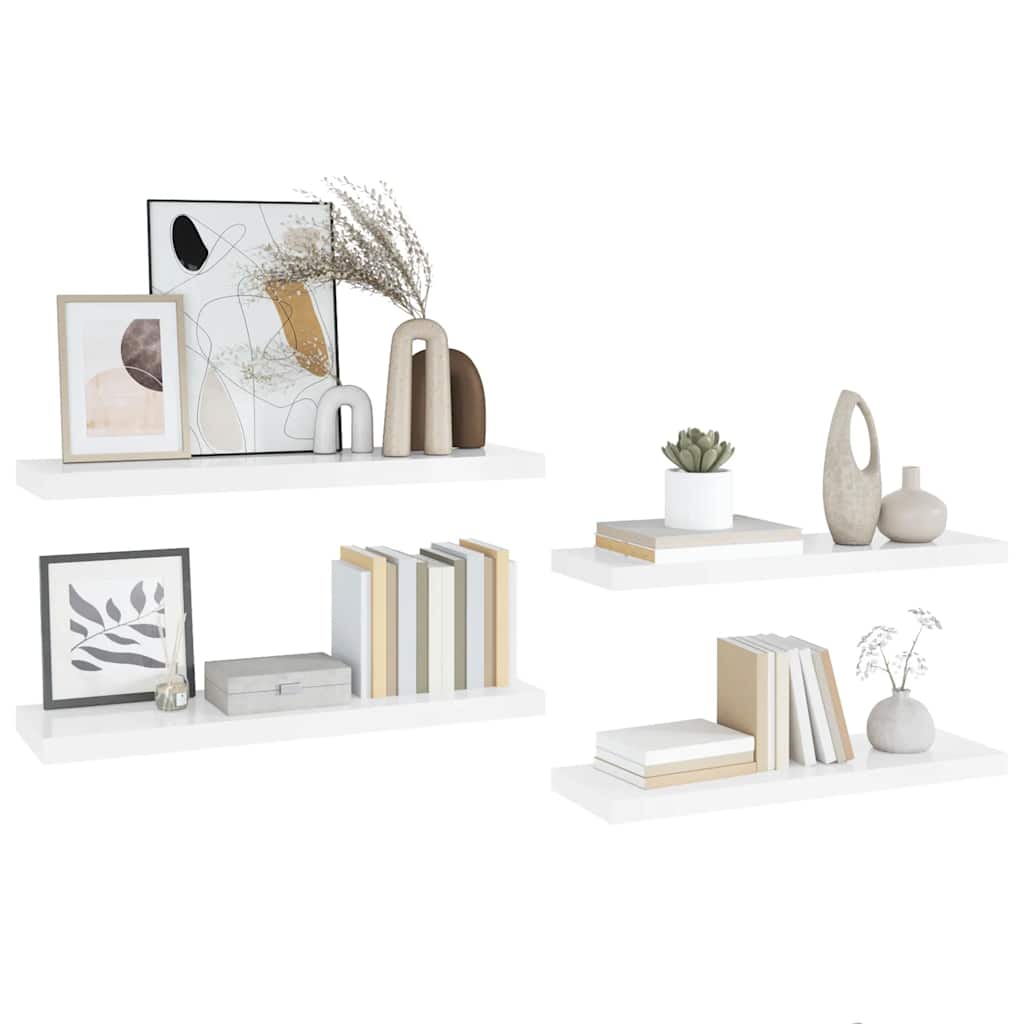 Schweberegale 4 Stk. Hochglanz-Weiß 90x23,5x3,8 cm MDF