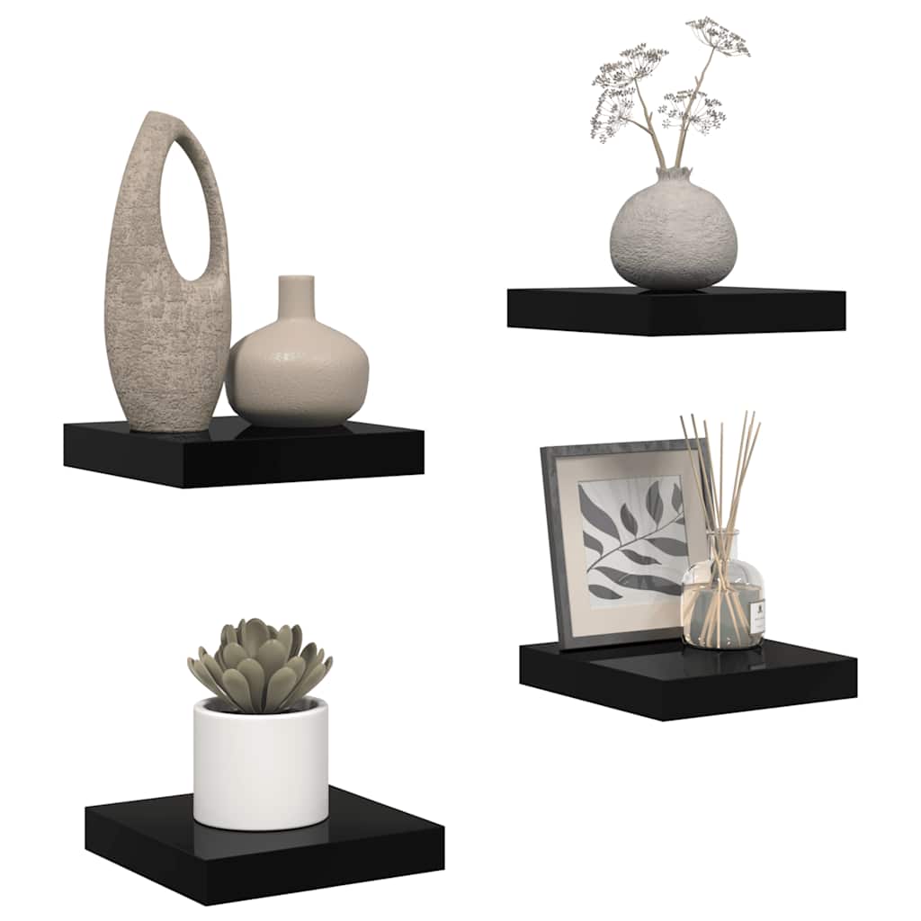 Schweberegale 4 Stk. Hochglanz-Schwarz 23x23,5x3,8 cm MDF