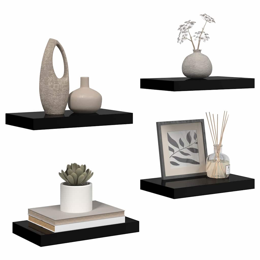 Schweberegale 4 Stk. Hochglanz-Schwarz 40x23x3,8 cm MDF