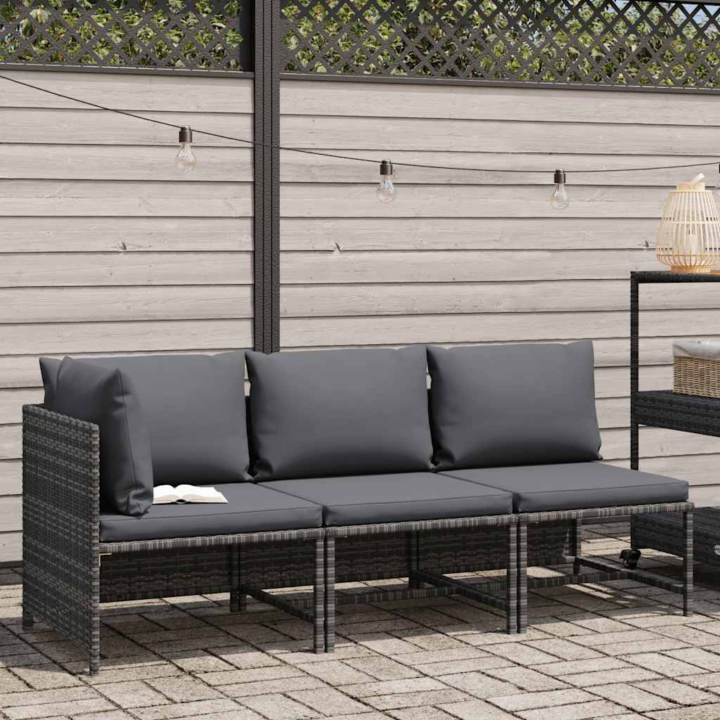 3-tlg. Garten-Lounge-Set mit Kissen Poly Rattan Grau