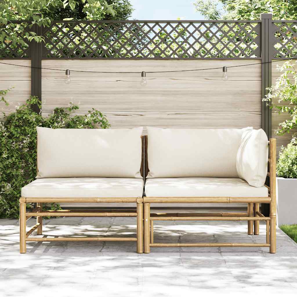 2-tlg. Garten-Lounge-Set mit Kissen Cremeweiß Bambus