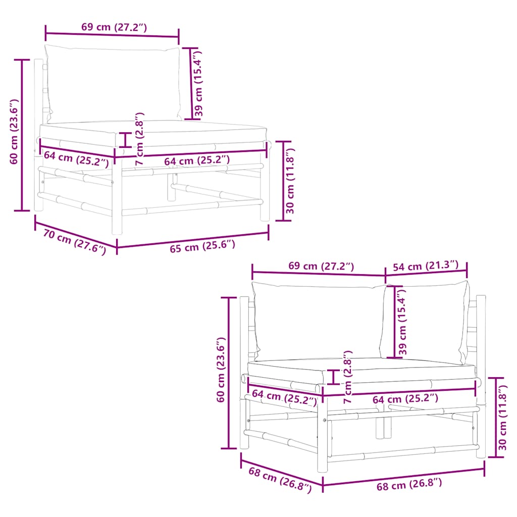 2-tlg. Garten-Lounge-Set mit Kissen Cremeweiß Bambus