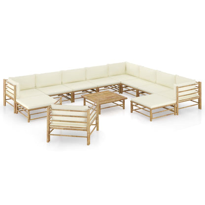 12-tlg. Garten-Lounge-Set mit Cremeweißen Kissen Bambus