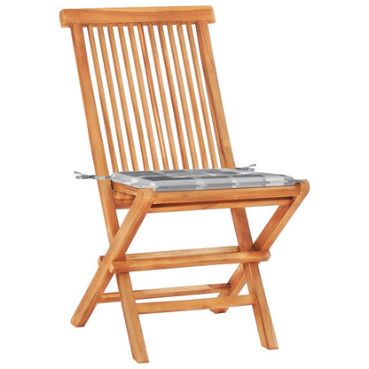 3-tlg. Bistro-Set mit Kissen Grau Karomuster Massivholz Teak