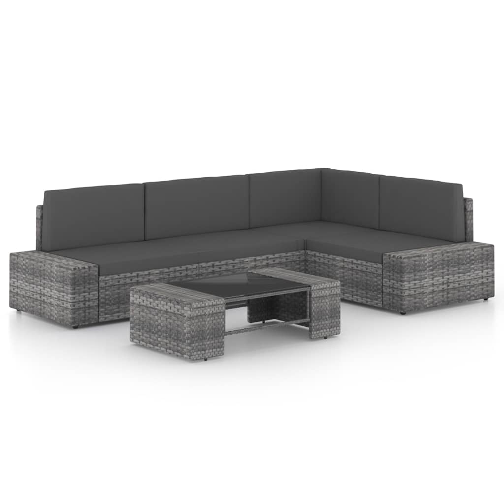 5-tlg. Garten-Lounge-Set mit Kissen Grau Poly Rattan
