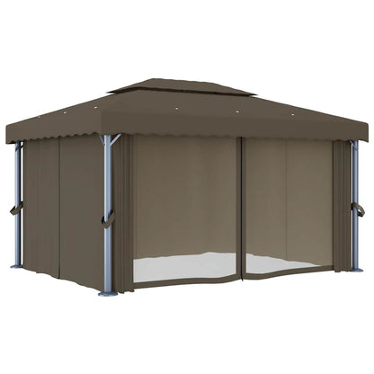 Pavillon mit Vorhängen & LED-Lichterkette 4x3 m Taupe