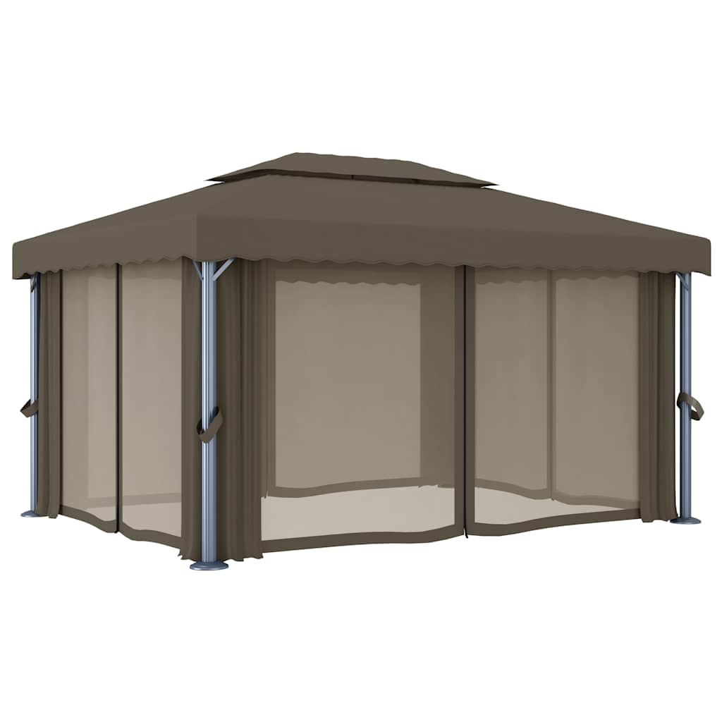 Pavillon mit Vorhängen & LED-Lichterkette 4x3 m Taupe
