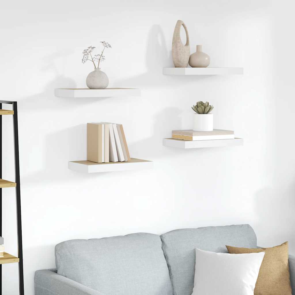 Schweberegale 4 Stk. Eichen-Optik und Weiß 50x23x3,8 cm MDF