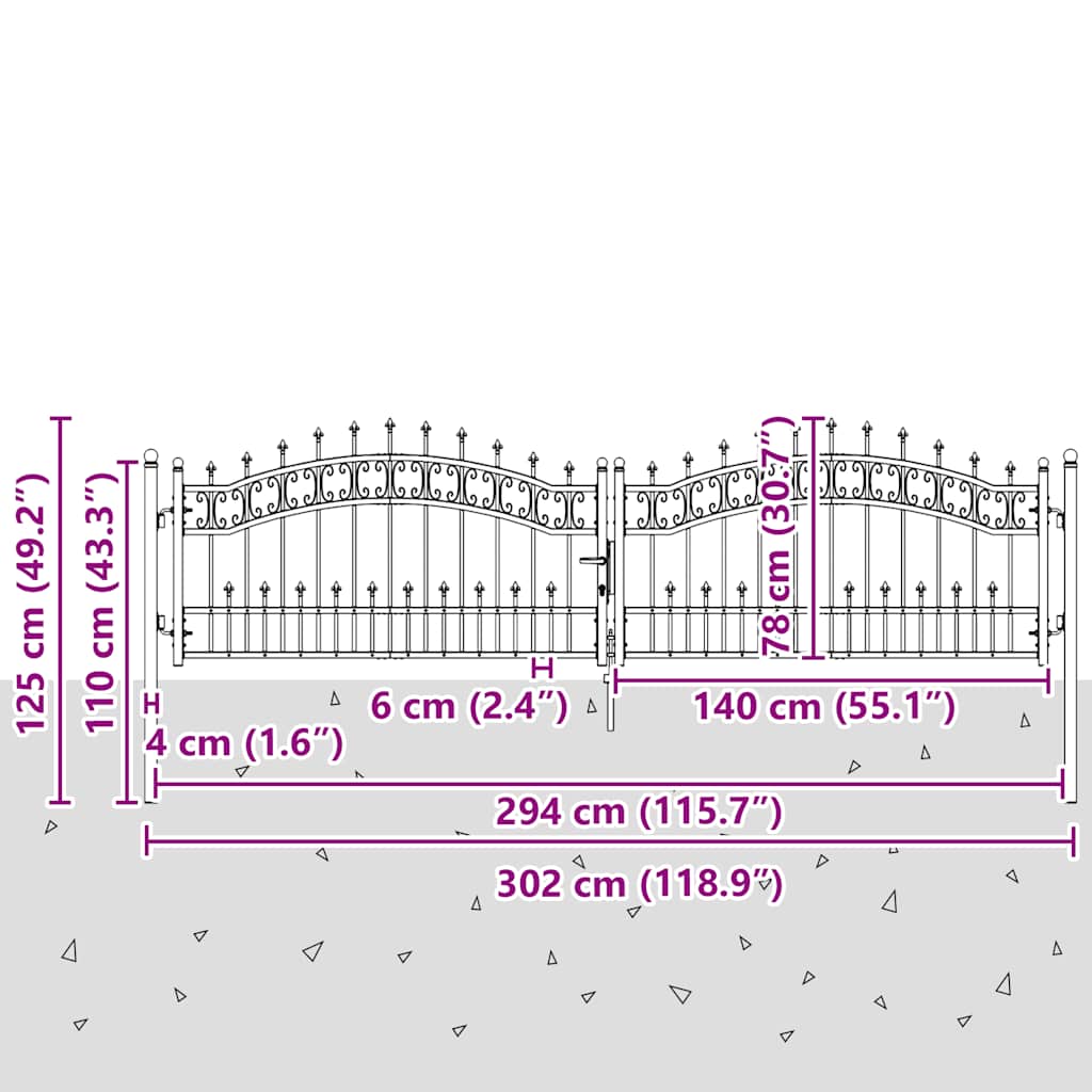 Gartentor Kampen mit Speerspitze Schwarz 302 x 78 cm Stahl