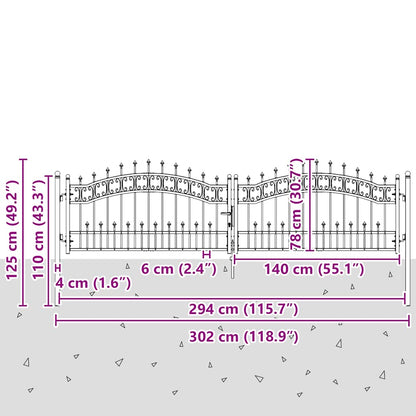 Gartentor Kampen mit Speerspitze Schwarz 302 x 78 cm Stahl