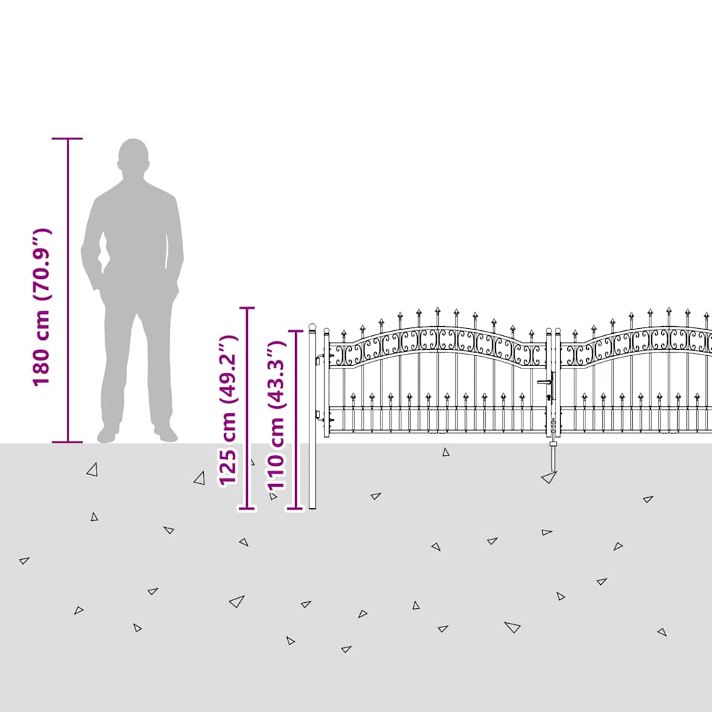Gartentor Kampen mit Speerspitze Schwarz 302 x 78 cm Stahl