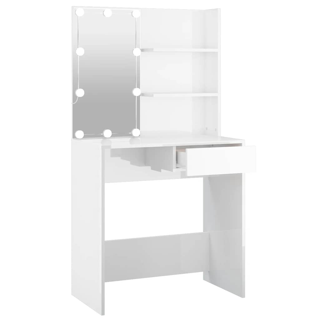 Schminktisch mit LED Hochglanz-Weiß 74,5x40x141 cm