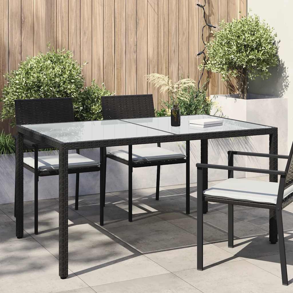 Gartentisch 150x90x75 cm Gehärtetes Glas Poly Rattan Schwarz