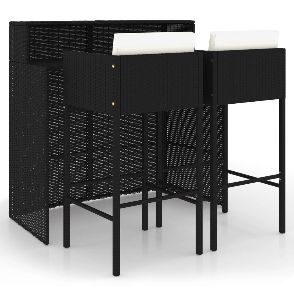 3-tlg. Gartenbar-Set mit Kissen Poly Rattan Schwarz