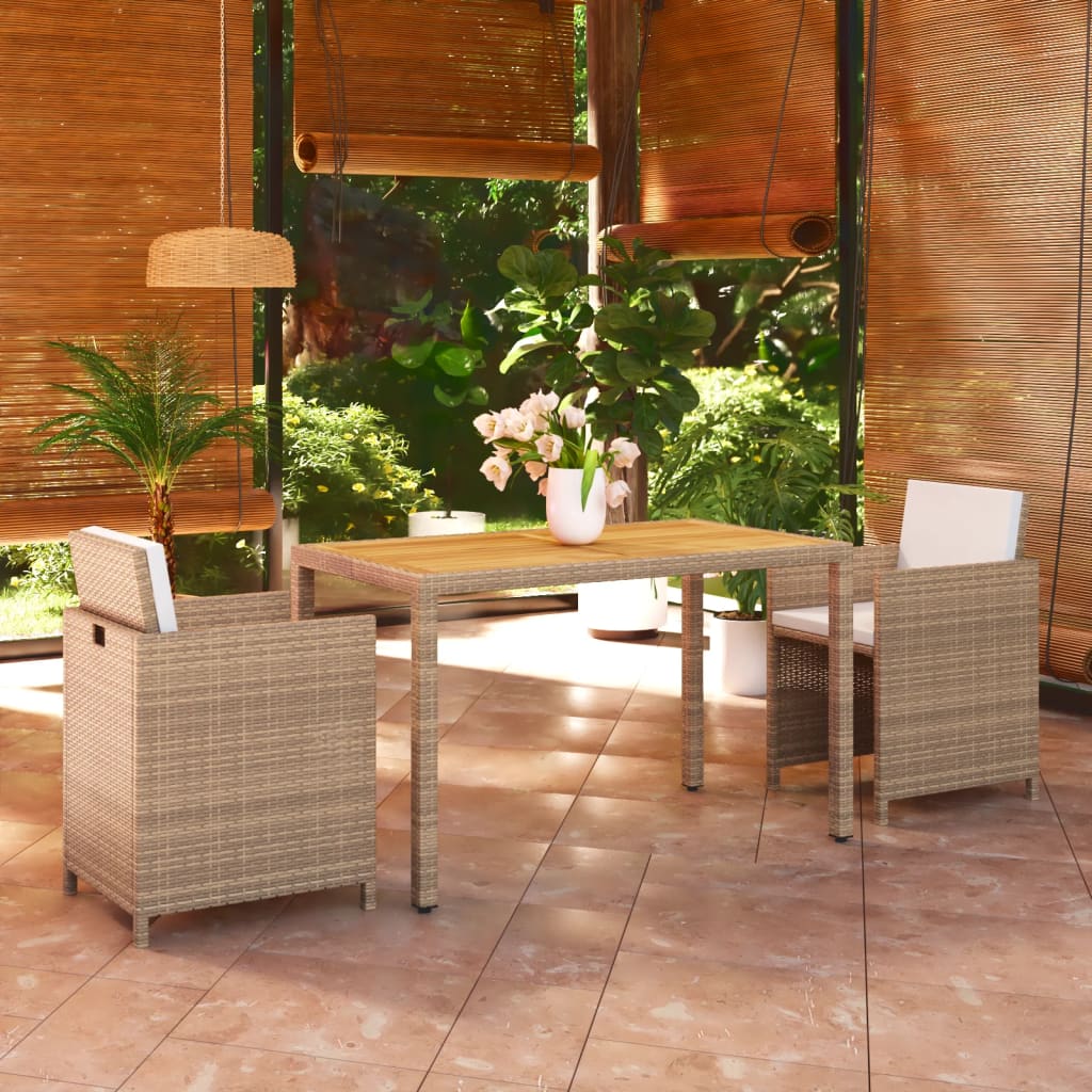 3-tlg. Garten-Essgruppe mit Kissen Poly Rattan Beige