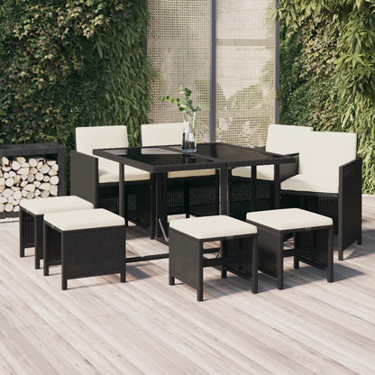 9-tlg. Garten-Essgruppe mit Kissen Poly Rattan Schwarz