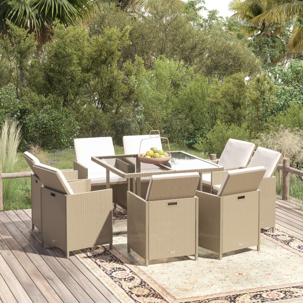 9-tlg. Garten-Essgruppe mit Kissen Poly Rattan Beige