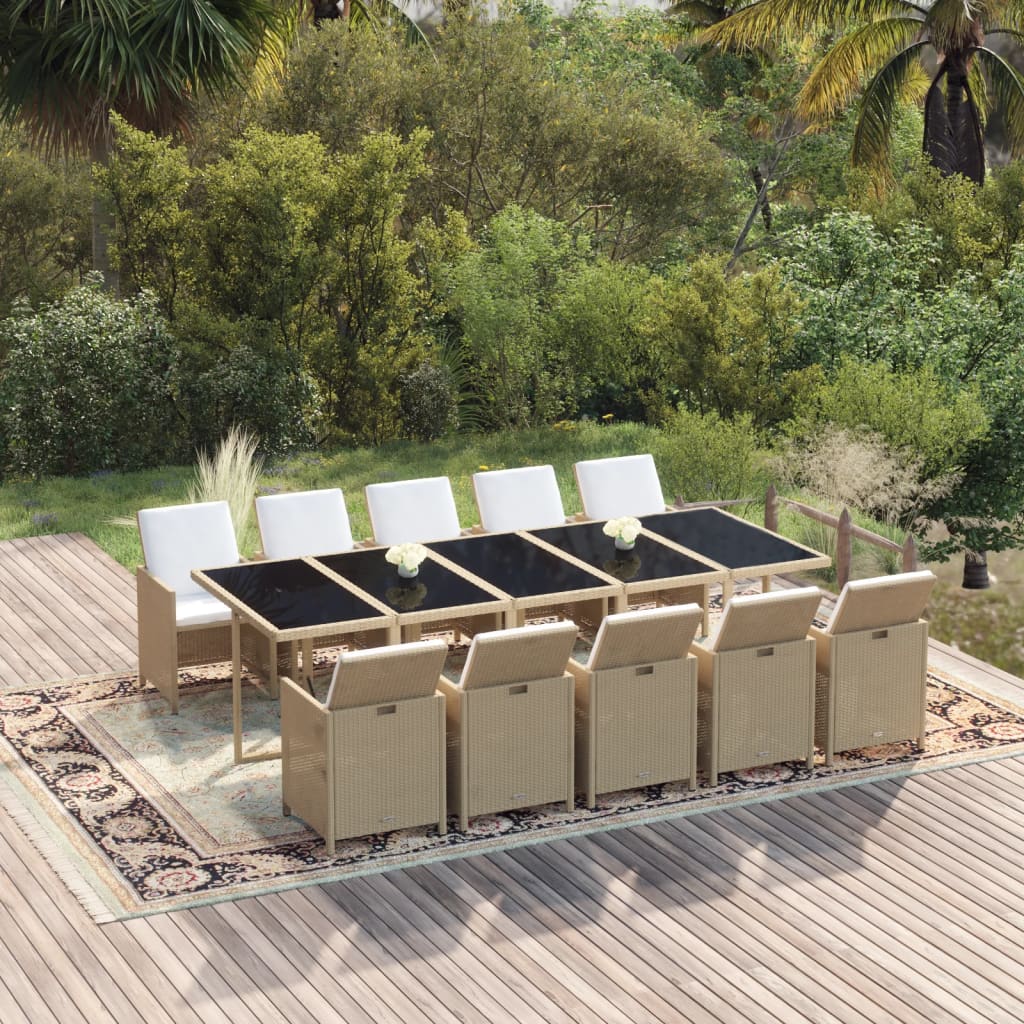 11-tlg. Garten-Essgruppe mit Kissen Poly Rattan Beige
