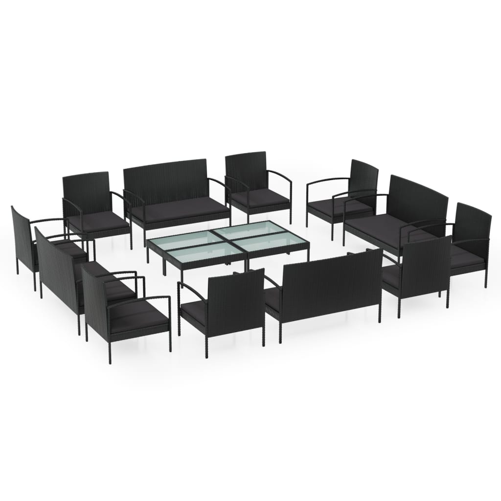 16-tlg. Garten-Lounge-Set mit Auflagen Poly Rattan Schwarz