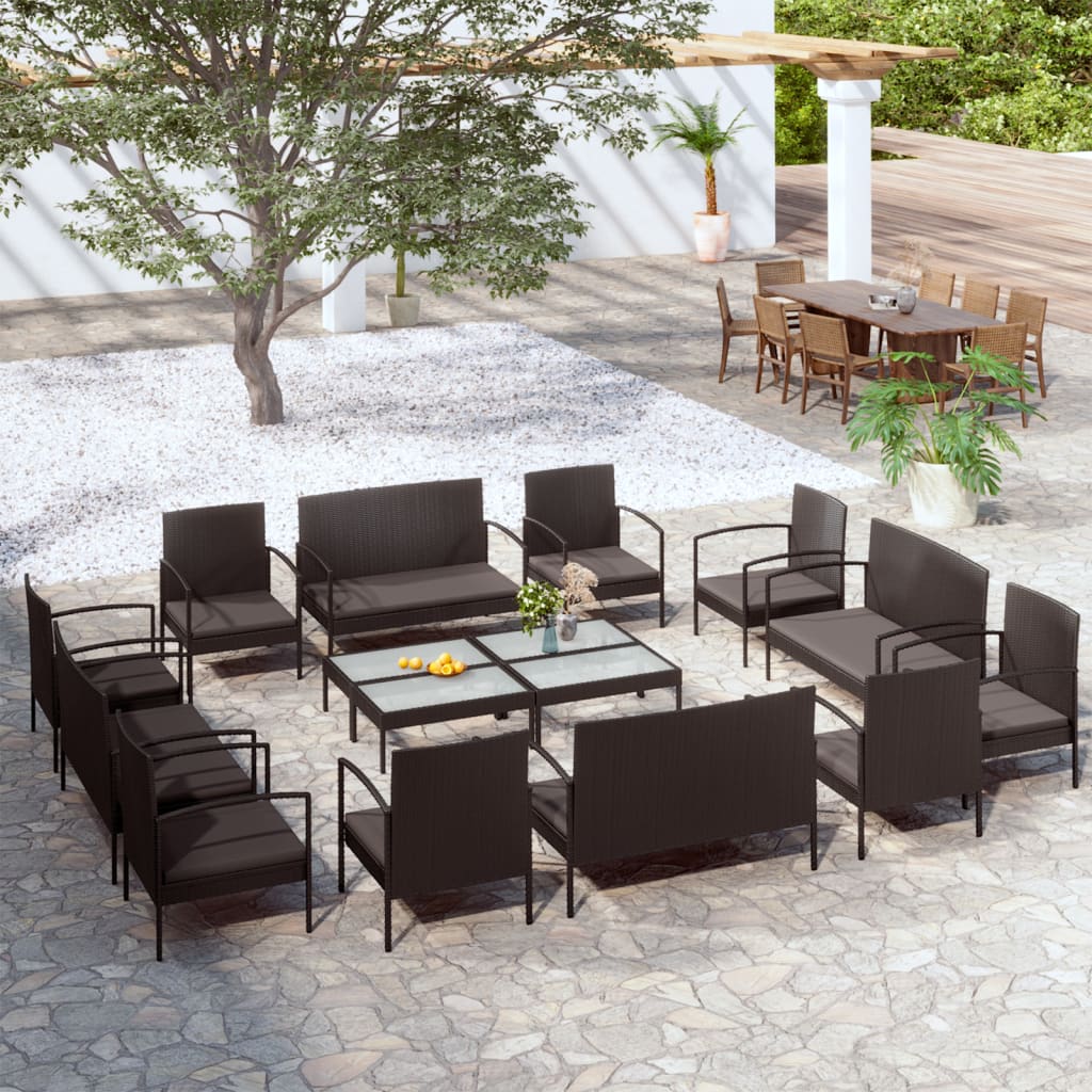 16-tlg. Garten-Lounge-Set mit Auflagen Poly Rattan Schwarz