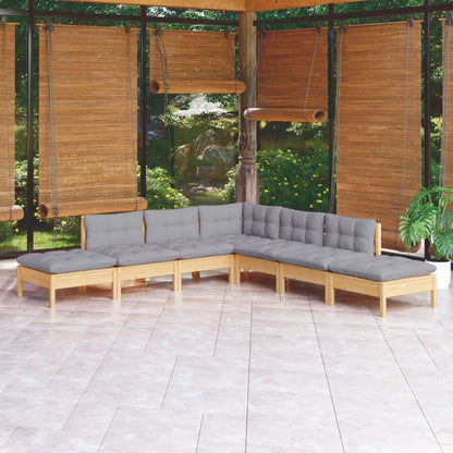 7-tlg. Garten-Lounge-Set mit Grauen Kissen Kiefernholz