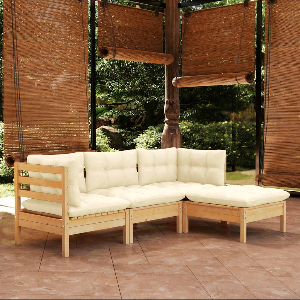 4-tlg. Garten-Lounge-Set mit Creme Kissen Kiefernholz