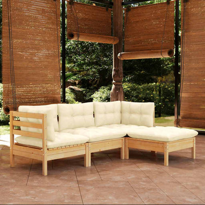 4-tlg. Garten-Lounge-Set mit Creme Kissen Kiefernholz