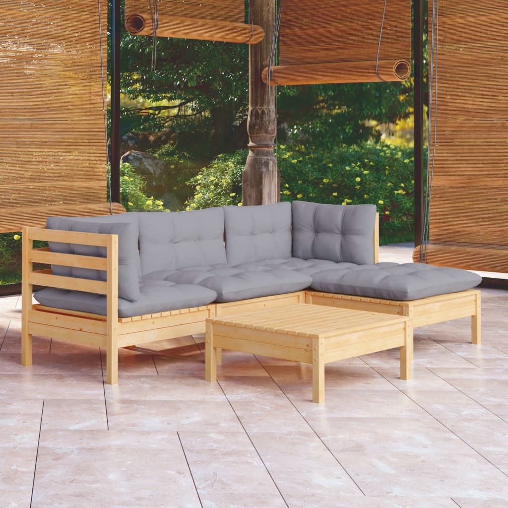 5-tlg. Garten-Lounge-Set mit Grauen Kissen Kiefernholz