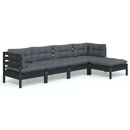 5-tlg. Garten-Lounge-Set mit Kissen Schwarz Kiefernholz