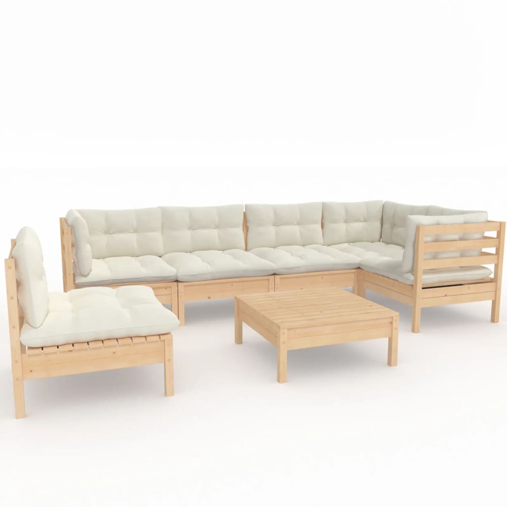 7-tlg. Garten-Lounge-Set mit Creme Kissen Kiefernholz