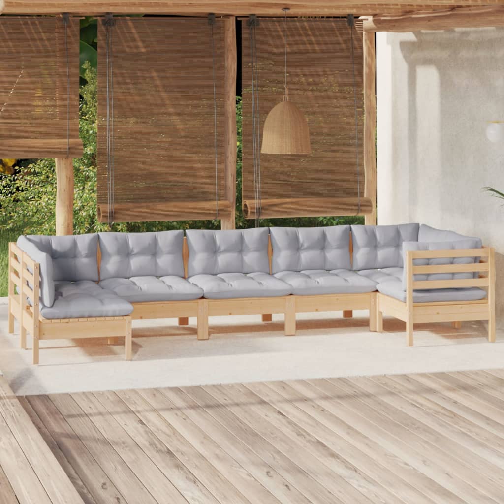 7-tlg. Garten-Lounge-Set mit Grauen Kissen Kiefernholz